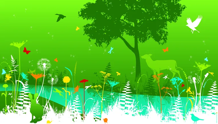 Farbige Wandbild-Grafik des Fachbereichs Umwelt und Stadtgrün mit Pflanzen, Tieren und einem Flußlauf im Vordergrund